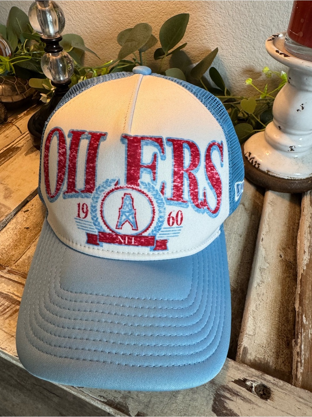 New Era Oilers Trucker Hat in Light Blue, White, Red
